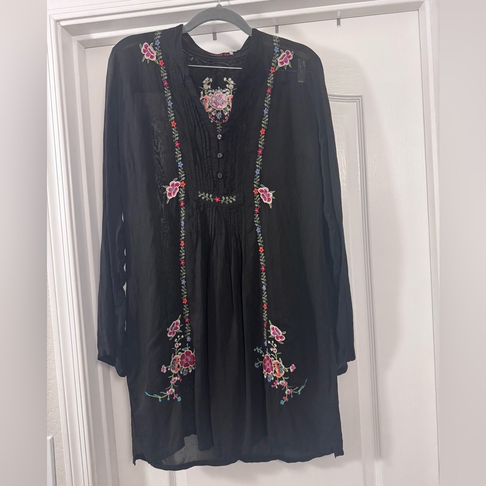 Johnny Was Black Mini Dress with Floral Embroidery